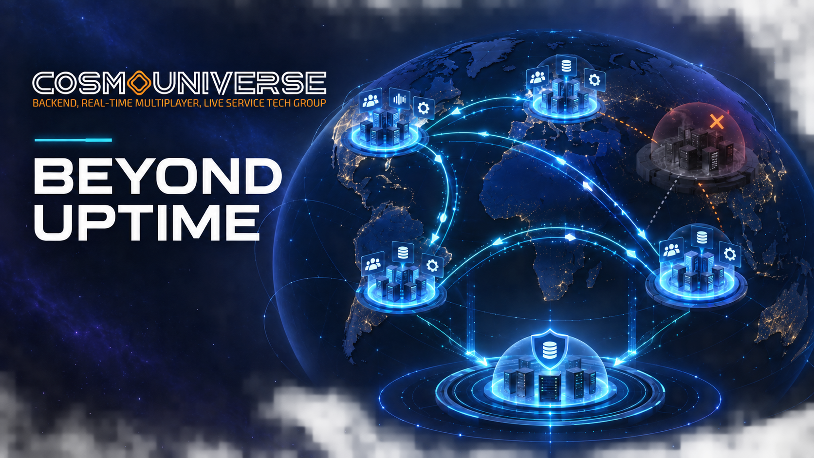 A global game service reroutes player traffic around one unavailable region while an independent recovery layer remains protected.