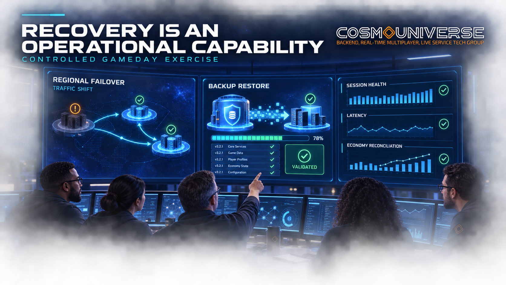 A game-platform operations team validates regional failover, backup restoration, session health, latency, and economy reconciliation
