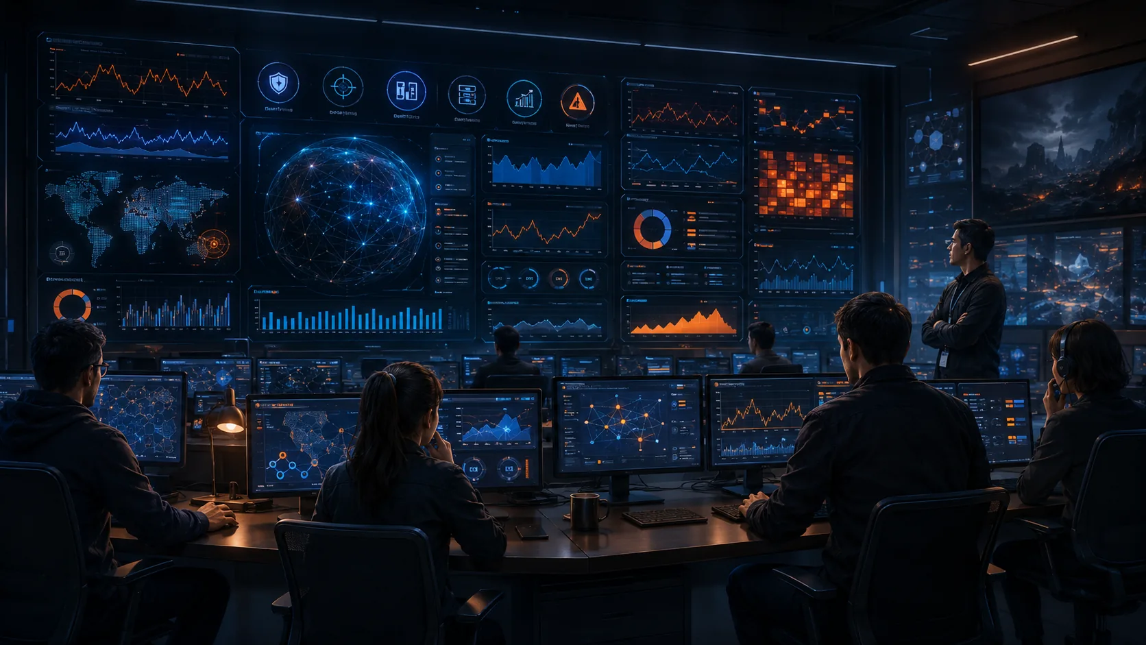 Game operations room with dashboards for analytics, stability, and incident response
