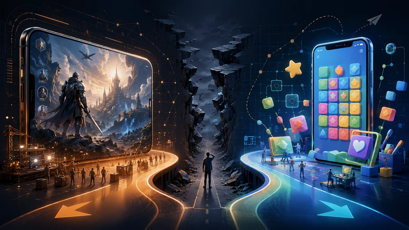 Concept artwork showing different game development paths for large-scale and casual mobile games