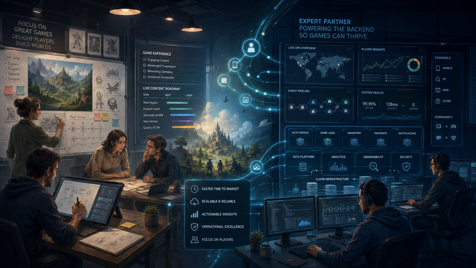 Game development teams collaborating with an expert backend and live service technology partner