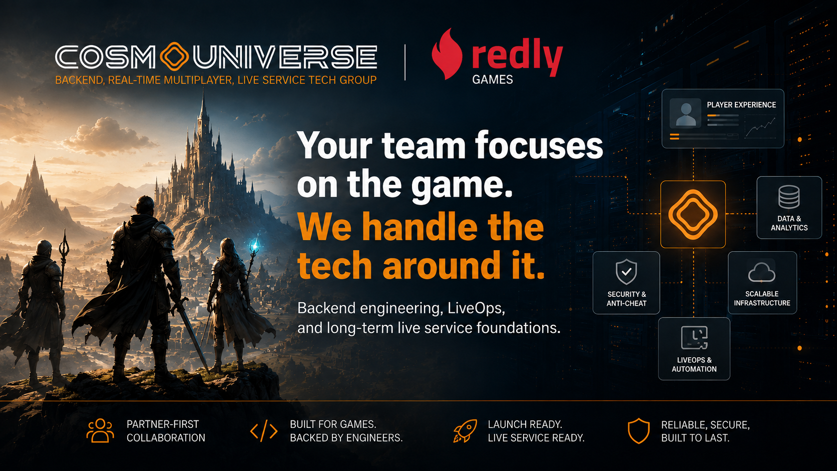 Game creators focus on the game while CosmoUniverse supports backend engineering, LiveOps, security, infrastructure, and analytics